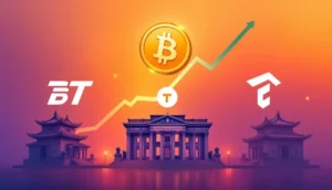 伝統的な金融ビルとテザーなどの仮想通貨ロゴが協力し、上昇するビットコインを示すイメージ