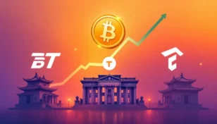 伝統的な金融ビルとテザーなどの仮想通貨ロゴが協力し、上昇するビットコインを示すイメージ