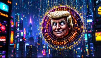 Golden Trump coin hovering over a futuristic price chart with glowing green candles