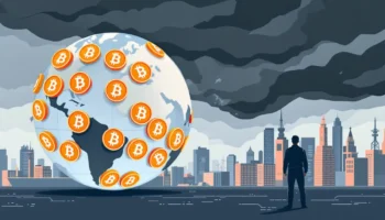 米国と世界の国旗を背景に落下するビットコインコイン、関税の壁が示されている