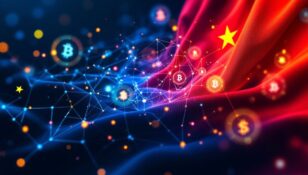 ベトナム国旗の色と仮想通貨のシンボルが融合する抽象的なデジタルアート