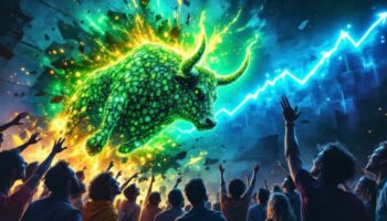 ビットコインを背景に上昇するブルトークンと下落するXRPのチャートを表すイメージ