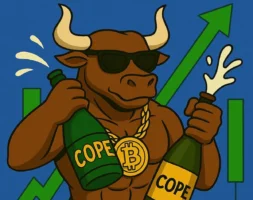 BTC-Bull-Tokenの牛が日焼けしてお酒持っている