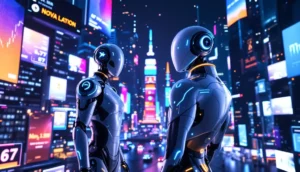 デジタル都市の夜景で仮想通貨をトレードするAIロボット
