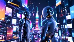 デジタル都市の夜景で仮想通貨をトレードするAIロボット