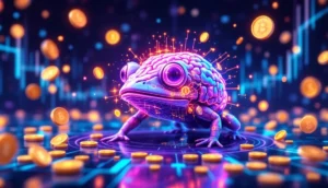 AIとミームコインの融合を示す、AI脳とペペ・ザ・フロッグが組み合わさった未来的なイラスト
