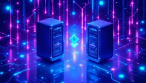 イーサリアムとソラナのブロックチェーンを象徴するサーバーが融合するイメージ