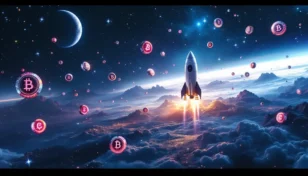 宇宙空間で月に向かって飛び立つロケットと仮想通貨アルトコインのイメージ