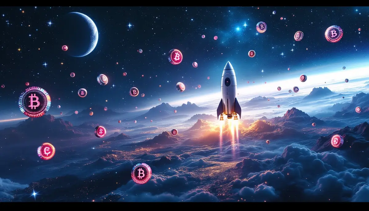 宇宙空間で月に向かって飛び立つロケットと仮想通貨アルトコインのイメージ