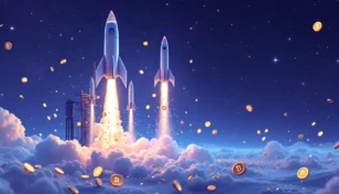 上昇する新しい仮想通貨アルトコインを表現したロケットと暗号資産のデジタルイメージ