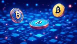 ブロックチェーン上で輝く3種類のデジタルコインのイメージ