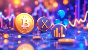 今週注目の仮想通貨SUBBD、XRP、SUIを示す未来的なイラスト
