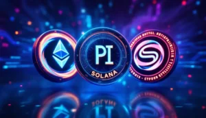 イーサリアム、パイネットワーク、ソレイヤーを象徴するコインとデジタルな背景
