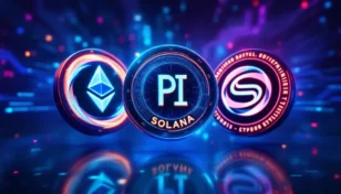 イーサリアム、パイネットワーク、ソレイヤーを象徴するコインとデジタルな背景