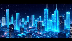 ブロックチェーン上で現実資産がデジタルトークンに変換される様子を示す抽象的なイラスト
