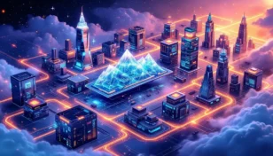 モジュール型ブロックチェーンを象徴する未来的な都市とネットワーク