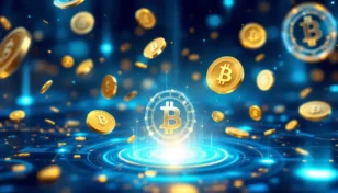 デジタル資産が鮮やかな青と金色の取引所プラットフォーム上に浮かぶイメージ