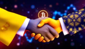 バイナンスとキルギスが提携しデジタルネットワークが広がる様子を示す抽象的な画像