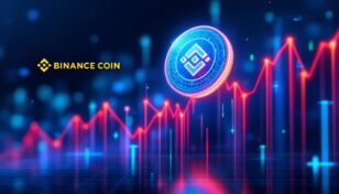 バイナンスコインを象徴する光るトークンと高騰する仮想通貨チャートのイメージ