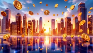 ビットコインと都市の未来的なイメージ、資産運用を象徴する構図