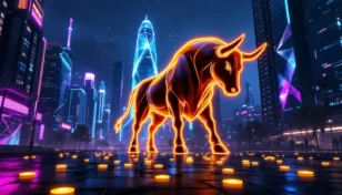 ビットコインとアルトコインが躍動する近未来都市と黄金の雄牛のシルエット