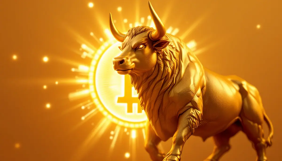 輝くビットコインシンボルの前に立つ、様式化された金色の雄牛の像
