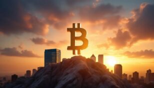 夕陽に照らされる都市と上昇するビットコインのシンボル