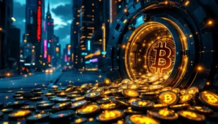 近未来的な金庫からあふれるビットコインと都市の夜景