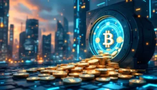 未来的なデジタル金庫に収納されたビットコインと抽象的な都市の背景