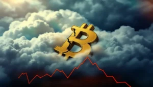 米国GDPの下降グラフと嵐雲を背景に、ひび割れたビットコインのシンボルが落下する様子。