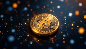 暗い背景に浮かぶ金色のビットコインとデジタル数字