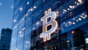 ビットコインのロゴが映る近代的なオフィスビル