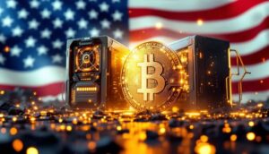 アメリカ国旗を背景に、ビットコインマイニング施設が合併する様子