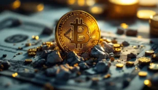 米国債の価値下落とビットコイン高騰を象徴するイメージ