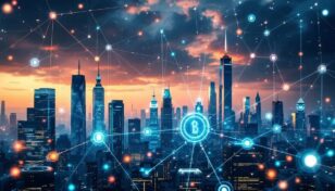 デジタルなブロックチェーンが交差する未来的な都市と金融機関のイメージ