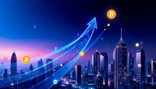 未来都市を背景に、上昇するビットコインのシンボルと、それに続いて上昇する多様なアルトコインのシンボル