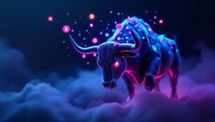 未来的な仮想通貨トークンが光る雄牛の上に浮かんでいるイメージ