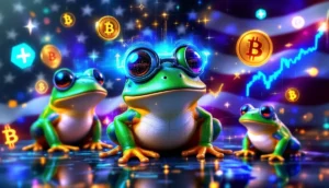 米国の仮想通貨市場とAIミームコインの融合を象徴するアイキャッチ画像