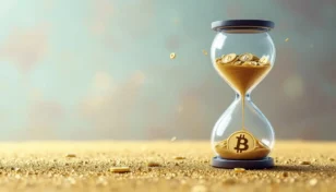 複数の暗号資産（仮想通貨）のシンボルが描かれた砂時計の抽象的なイメージ。審査プロセスが遅延していることを示唆。