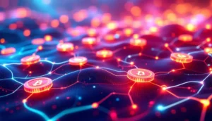 デジタルネットワーク上に浮かぶ未来的な仮想通貨トークンのイメージ