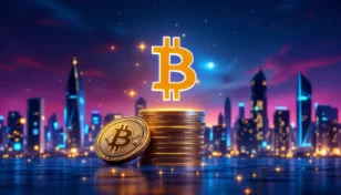 ビットコインと3つの仮想通貨コインが上昇する未来的なイメージ