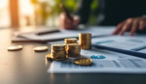 仮想通貨と法的書類が並ぶ現代的なデスクのイメージ