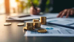 仮想通貨と法的書類が並ぶ現代的なデスクのイメージ