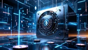 ブロックチェーンと仮想通貨を象徴するデジタルセーフとコインの未来的イラスト
