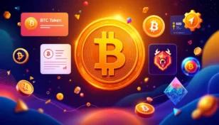 仮想通貨プレセールを象徴するビットコインとBTCBULL、その他主要アルトコインを並べた近未来イメージ