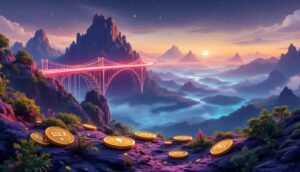 SOLX・XRP・POL・DOGEのコインが並ぶ未来的なブロックチェーンの風景