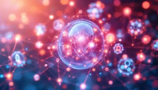 複数のデバイス間でAIネットワークがつながる近未来的なイメージ