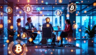アジアの先進的なフィンテックオフィスとビットコインのイメージ