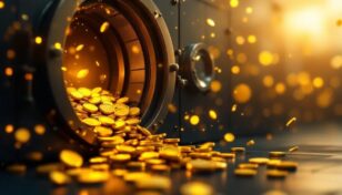 デジタル金庫からコインが流れ出る様子を表現したイラスト