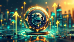 犬のマスコットが描かれたデジタルコインと上昇する仮想通貨市場のイメージ